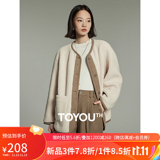 TOYOUTH 初语 加绒加厚保暖摇粒绒外套女复古拼接圆领百搭夹克 米杏色 M