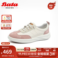 Bata休闲鞋女2024春季商场牛皮通勤百搭时尚轻便单鞋VPP04AM4 米白/粉 35
