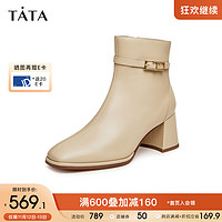 他她（TATA）2023冬商场同款简约通勤牛皮时装靴女靴7VO44DD3 杏色（单里） 35