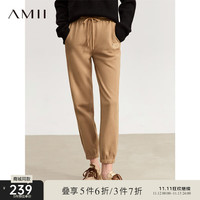 AMII抽绳绑带珠地束脚裤休闲裤卫裤女九分裤黑色裤子 浅咖 155/64A/S