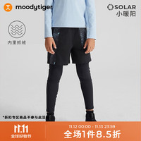 moodytiger加绒运动裤男童裤子23年冬保暖排汗假两件紧身裤小暖阳 炭黑色 160cm
