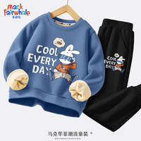 马克华菲儿童加绒套装男2023中大童卫衣加厚保暖时尚帅气宽松男童冬装 m思考兔靛蓝+m思考兔黑裤 160