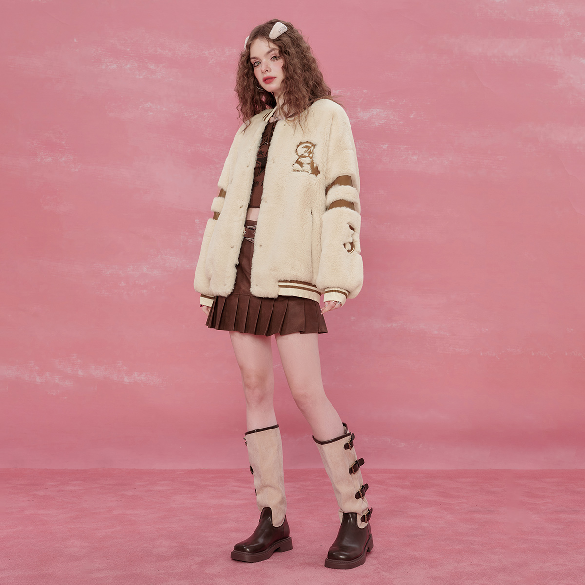SEENFAAN盛放秋冬2023女装毛绒休闲夹克美式复古棒球服毛外套