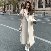 蓝色双面羊绒呢大衣冬季韩版宽松中长款系带毛呢外套女