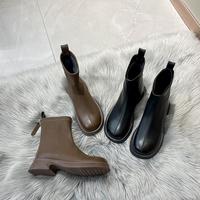 时尚轻奢厚底马丁靴女冬季加绒中筒瘦瘦棕色后拉链短靴