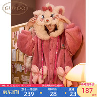 GUKOO 果壳 睡袍女冬季玛丽猫长袖加绒可爱女士家居服睡袍D 樱桃红 L