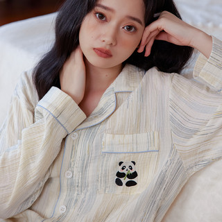 纯棉亲肤可爱大熊猫刺绣双层棉纱睡衣女秋季长袖家居服套装