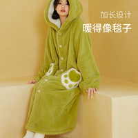 可爱小怪兽长款冬季珊瑚绒睡袍女加厚加绒绿色浴袍毛绒家居服