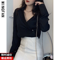 春季女装ins港味交叉设计感V领宽松衬衫复古百搭上衣潮
