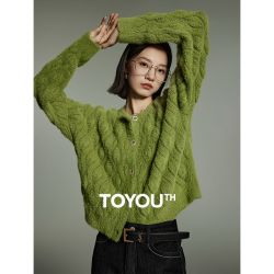 toyouth初语仿貂毛短款圆领开衫女复古毛绒针织外套