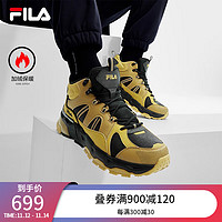 FILA 斐乐 加绒中帮满天星复古运动鞋男2023冬款休闲鞋老爹鞋 黑/蜂蜜黄-BH 39