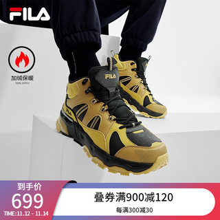 FILA 斐乐 加绒中帮满天星复古运动鞋男2023冬款休闲鞋老爹鞋 黑/蜂蜜黄-BH 39