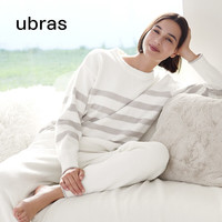ubras【陈都灵同款】慕斯绒条纹小翻领圆领保暖女睡衣冬季家居服套装 女款圆领-拿铁灰色 L
