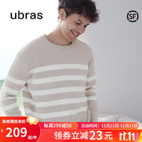 ubras【陈都灵同款】慕斯绒条纹小翻领圆领保暖女睡衣冬季家居服套装 男款圆领-拿铁灰色 M