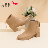 红蜻蜓 RED DRAGONFLY红蜻蜓 RED DRAGONFLY时装靴2023短筒粗跟女鞋加绒保暖通勤休闲女鞋WCC43734 卡其色 35