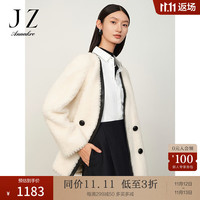 玖姿·安娜蔻复古撞色V领落肩羊剪绒一手长大衣女 米白 M