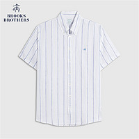 布克兄弟 Brooks Brothers 男士夏新扣结领亚麻条纹短袖休闲衬衫