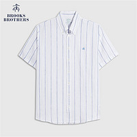 Brooks Brothers 男士夏新扣结领亚麻条纹短袖休闲衬衫