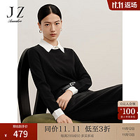 玖姿·安娜蔻撞色套头翻领纯羊毛长袖套头毛衫女 素黑 2XL