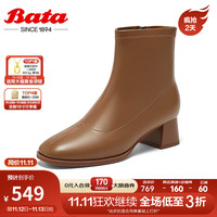 Bata 拔佳 弹力瘦瘦靴女2023冬商场羊皮通勤百搭粗跟短筒靴23328DD3 棕色 37