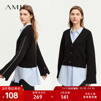 AMII2023冬宽松V领开襟撞色线提花微喇叭开衩袖口毛织开衫 黑色 155/80A/S