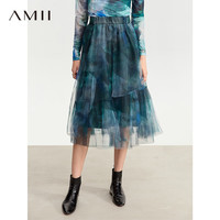 AMII艺术感国风印花网纱半身裙女仙女裙蓬蓬裙A字裙子 绿色 155/64A/S