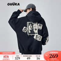 古由卡（GUUKA）美式高街贴布绣卫衣男冬潮坏加绒加厚洗毛边帽衫宽松百搭 黑色 M