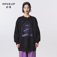 幻走(MOVEUP).FUN系列加绒撞布印花设计师中长款卫衣女 夜黑 S