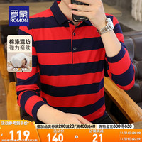 罗蒙男士时尚休闲长袖条纹T恤简约百搭透气T恤衫男 蓝红 165(90-115斤)