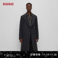 HUGO【质感毛呢】男士人字纹羊毛混纺双排扣修身质感毛呢大衣 010-深灰色 EU:48