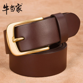 牛当家皮带男士真皮腰带铜扣青年针扣头层牛皮休闲裤带 宽3.7CM深咖1960-备注腰围