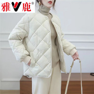 雅鹿冬棉服女短款菱形格轻薄无领棉衣宽松休闲外套棉袄防风 米色 XL120-135斤