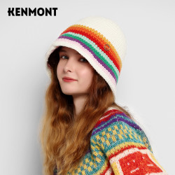 88vipkenmont卡蒙纯手工编织彩虹帽子女秋冬粗毛线羊毛针织帽水桶帽显