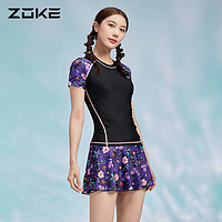 洲克ZOKE泳衣女分体两件套裙摆短袖平角少女123501244 紫黑粉花 XL