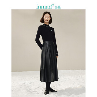 茵曼（INMAN）半高领刺绣毛衣冬季女装套头长袖打底衫上衣 黑色 S