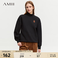 AMII2023冬运动风半高领绣花宽松落肩袖小熊章仔内抓绒卫衣女 黑色 155/80A/S