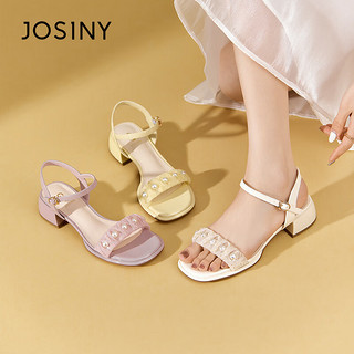 卓诗尼（Josiny）时尚气质一字带凉鞋露趾珍珠中粗跟搭扣女鞋 米白色 36 