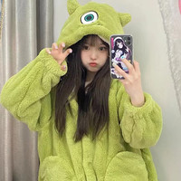 珊瑚绒睡袍女秋冬季加厚加绒外穿睡衣女元气大眼仔连帽法兰绒睡袍
