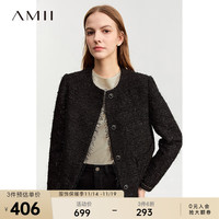 AMII2023冬经典香风仿珍珠扣粗花呢外套女圆领流苏边箱型上衣 黑色 165/88A/L