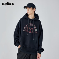 古由卡（GUUKA）潮牌简约短款卫衣男冬 青少年加绒加厚烫钻休闲抽绳帽衫宽松百搭 黑色 XL