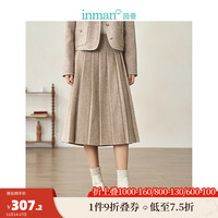 茵曼（INMAN）羊毛花粗呢百褶半身裙女装优雅高腰A字裙 卡其色 XL
