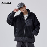 古由卡(GUUKA)潮牌高领棉服男冬季 山系风羊羔绒拼接加厚棉衣外套宽松百搭 黑色 XL