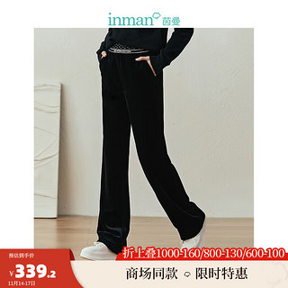 茵曼（INMAN）雪尼尔坑条裤子女装松紧腰直筒长裤 黑色 XL