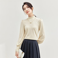尚都比拉秋季半高领灯笼袖针织衫女修身显瘦纯色百搭上衣 米杏色 L
