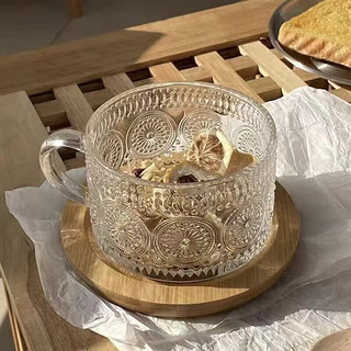 摩范 复古浮雕燕麦早餐玻璃杯大容量麦片牛奶早餐杯子 太阳花燕麦杯1个装