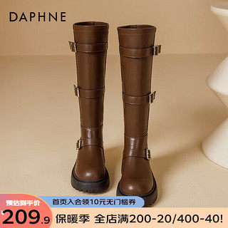 达芙妮（DAPHNE）厚底骑士靴女复古西部牛仔靴不过膝棕色高筒长筒靴 棕色 35