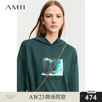 AMII抽象印花字母绣花连帽空气层落肩袖卫衣女休闲上衣 墨绿 155/80A/S