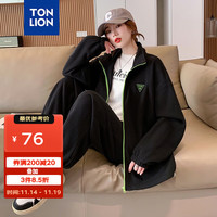 唐狮 TONLION冬摇粒绒运动套装女休闲时尚宽松开衫长裤两件套 黑色/外套 XL