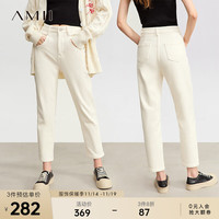 AMII2023冬百搭显高显瘦复合加绒牛仔裤女舒适休闲裤白色裤子 米白 155/64A/S