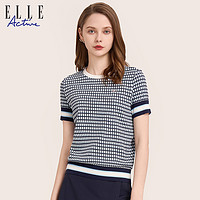 ELLE Active 法式优雅短袖上衣女2023夏季新款别致蓝色格纹通勤t恤